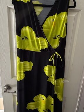 Black Wrap Dress with Neon Yellow Floral Print